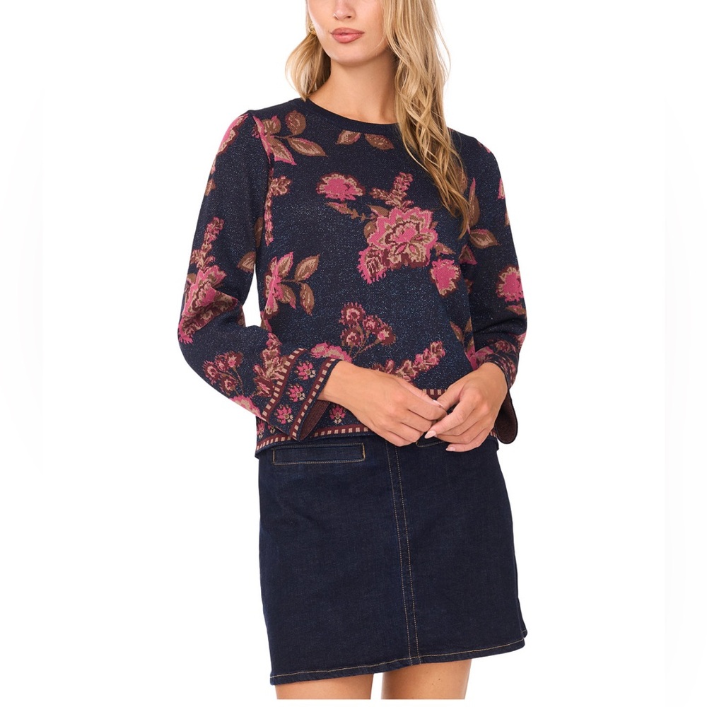 Vince Camuto Women's Floral Jacquard Crewneck Blouse Sz M